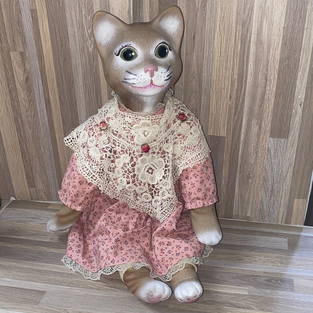Charming Cat Figurine with Pink Dress and Lace Shawl cat lady kitten pink kitty